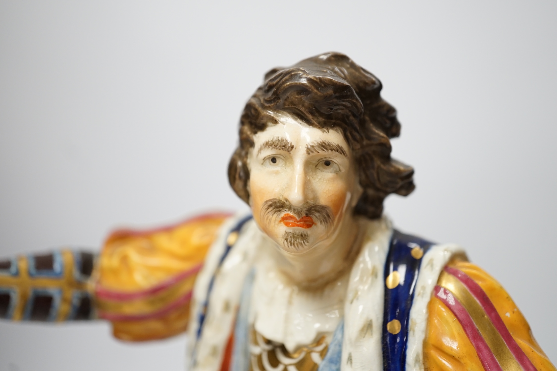 A Derby figure of James Quinn as Falstaff, c.1780, 28cm high. Condition - some flaking to enamels on base, restoration to left hand